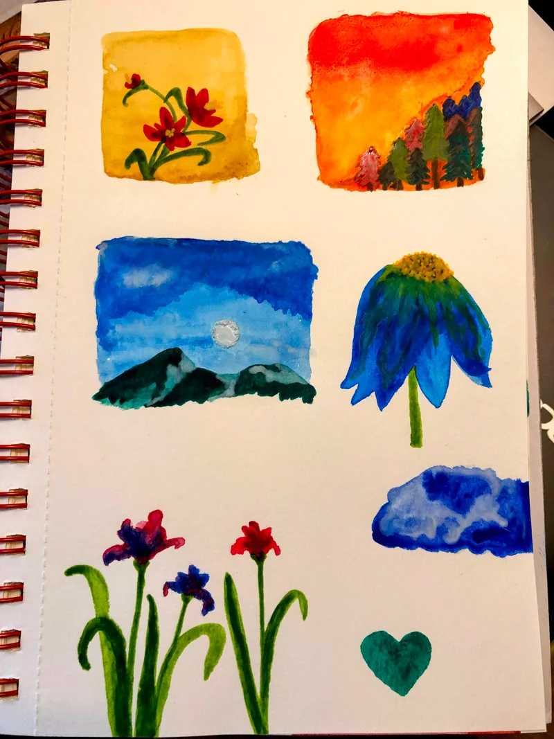 A watercolor sketchbook filled with flowers, mountains and nature studies